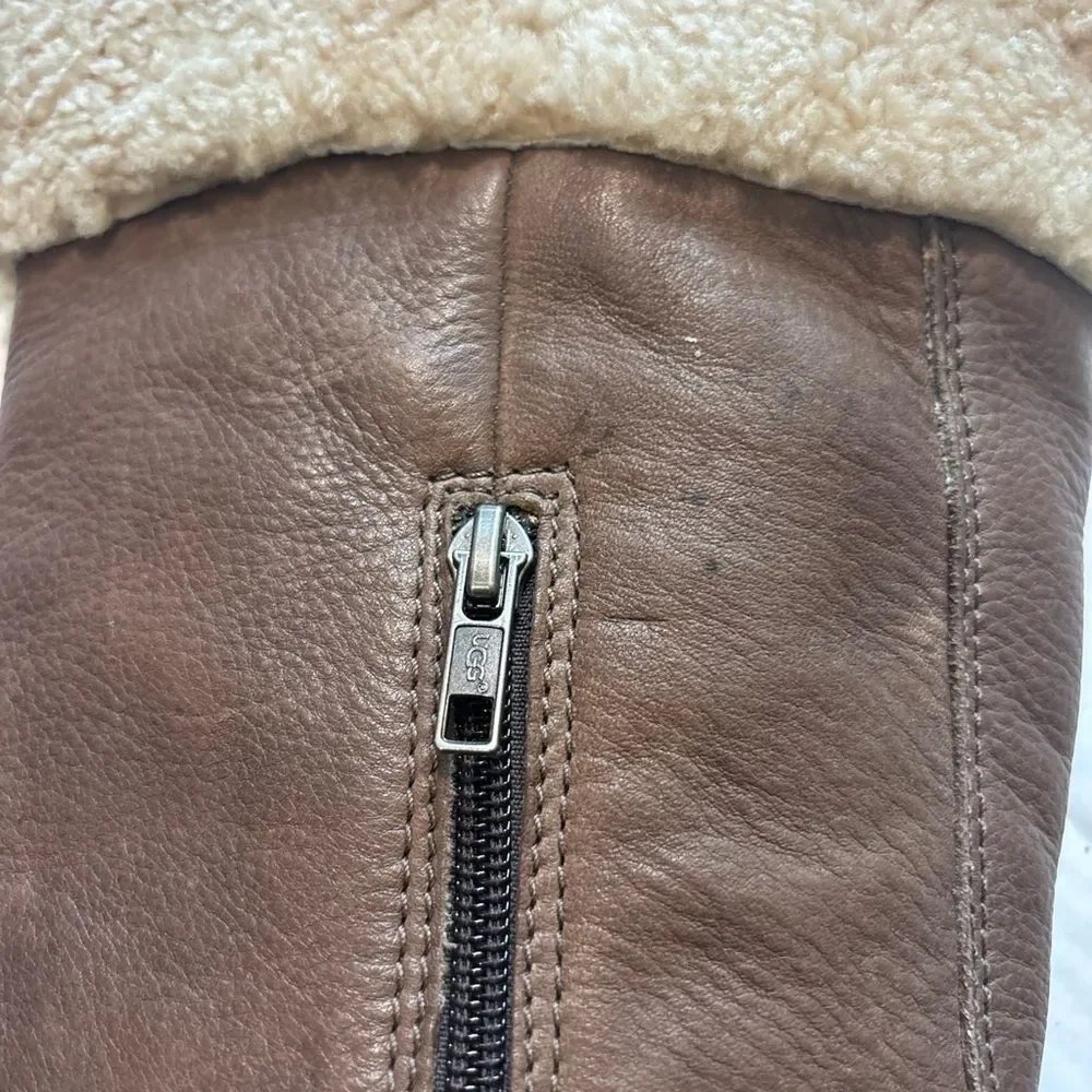 Ugg Felicity Brown Leather boots wedge rubber heel, shearling cuff sz 8 Boho